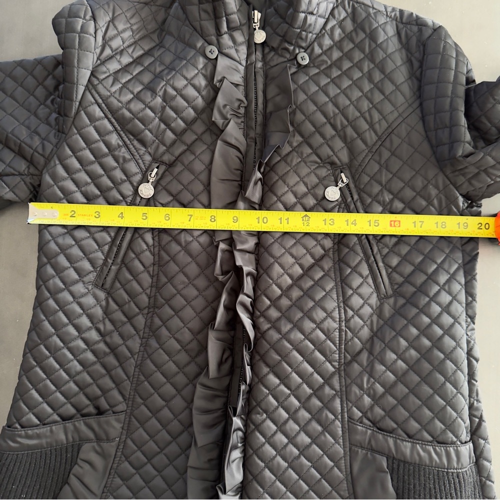 Betsey Johnson Black Quilted Hooded Jacket Zip Ruffle Front Knit Zip Pockets - Picture 12 of 13